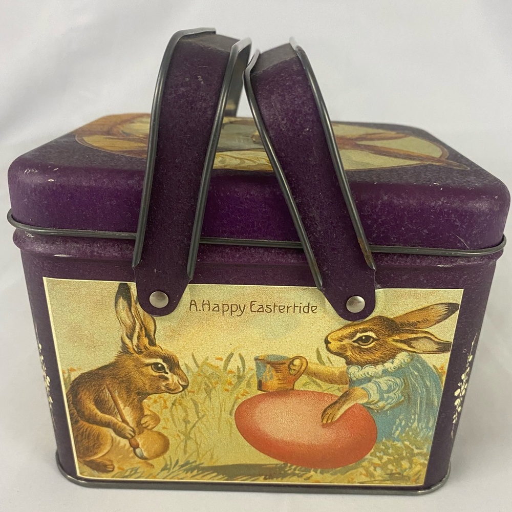 Vintage Farmhouse Cottage Bunny Barnyard Animals Easter Tin With Handle